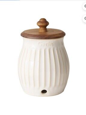 New The Pioneer Woman Linen Ceramic Garlic Keeper with Wooden Lid